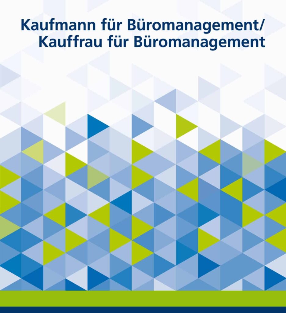Grafische Darstellung mit blauen und grünen Dreiecken und dem Titel „Kaufmann/Kauffrau für Büromanagement".